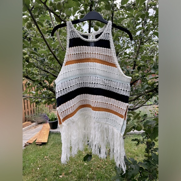 TULAROSA Brent Striped Crochet Slanted Knit Tank Fringe, Sz S - Picture 3 of 15